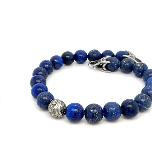 David Yurman Lapis Lazuli Carved Beads Bracelet 8.5" 8 mm Silver Estate DY594 - Picture 3 of 5